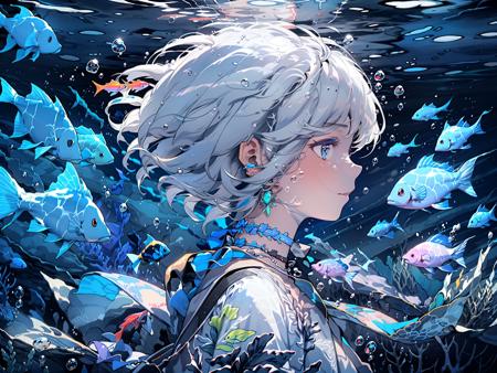 31340-1710830216-1girl, blue eyes, blue theme, fish, solo, jewelry, earrings, profile, bubble, choker, underwater, blue hair, short hair, blue ch.jpg